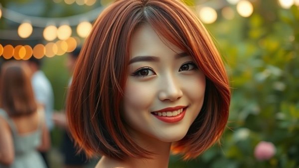 Woman with Japanese bob haircut at an elegant garden party