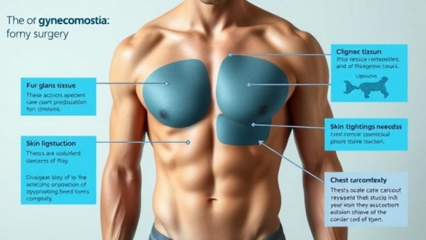 Gynecomastia surgery factors infographic with male torso image.