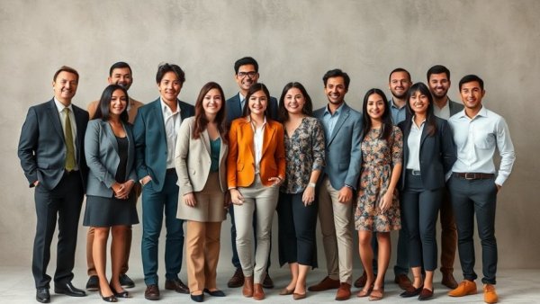 Diverse group of people smiling confidently together in neutral setting.