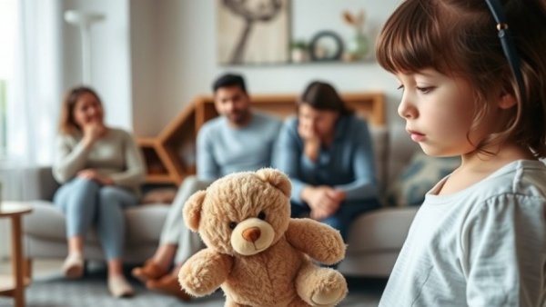Child with teddy bear amid family tension, modifying custody orders in Chicago.