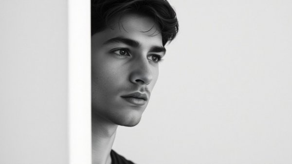 Black and white portrait of a young man in a light shirt.