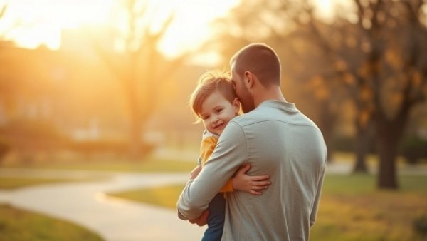 Father carrying son in sunlit park, illustrating family bond.