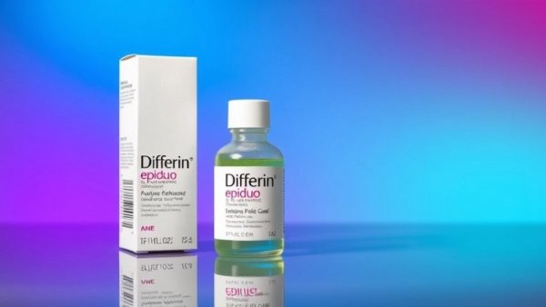 Differin Epiduo Acne Gel OTC bottle and box with gradient background.