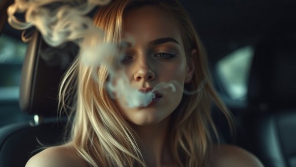 Blonde woman exhaling smoke indoors, illustrating the effects of smoking on skin health.