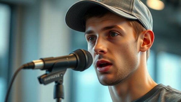 Young man with cap discussing augment hair loss in a podcast setting.