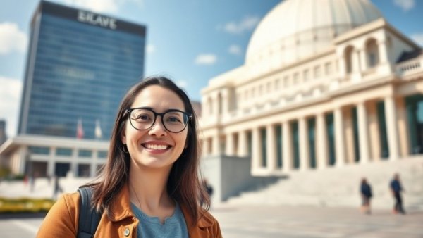 Woman smiling in front of iconic building, Sydney Opera House backdrop