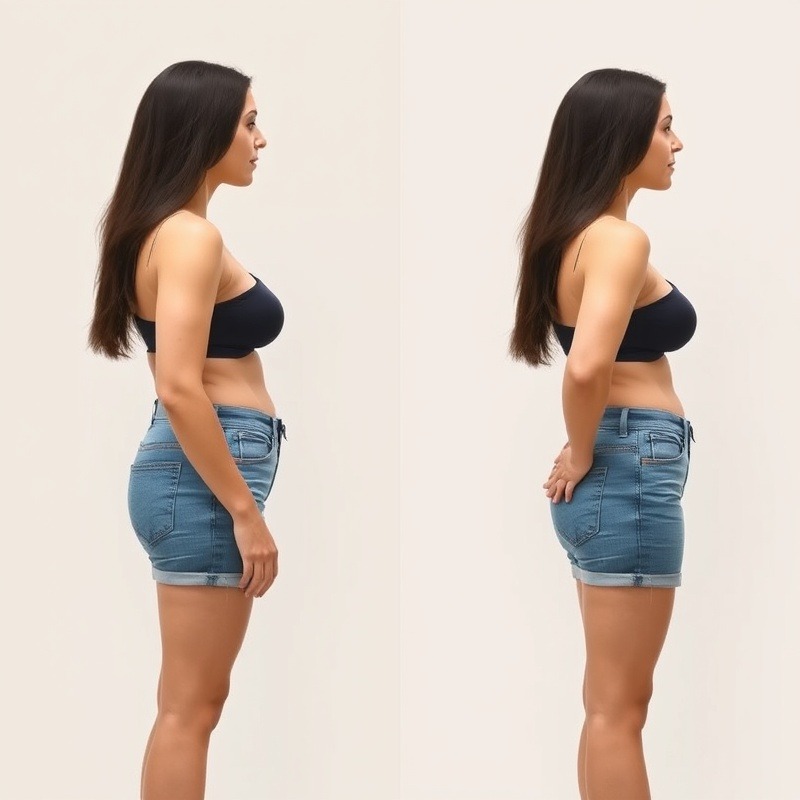 Breast reduction before and after comparison, front view.