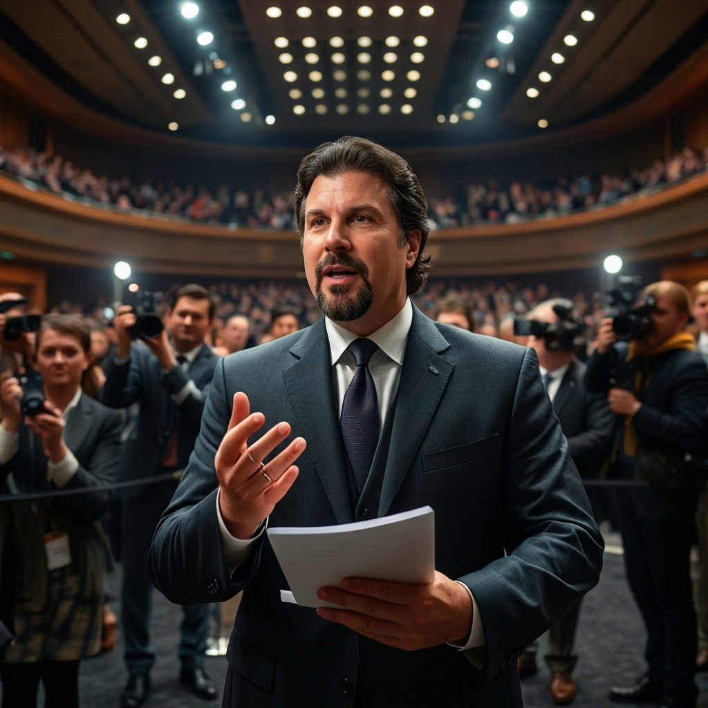 influential authority leader, charismatic, addressing media, photorealistic, grand conference hall filled with journalists, highly detailed, flashing cameras and rustling papers, 8k resolution, dark charcoal suit, key lighting, shot with a 24mm wide-angle lens.