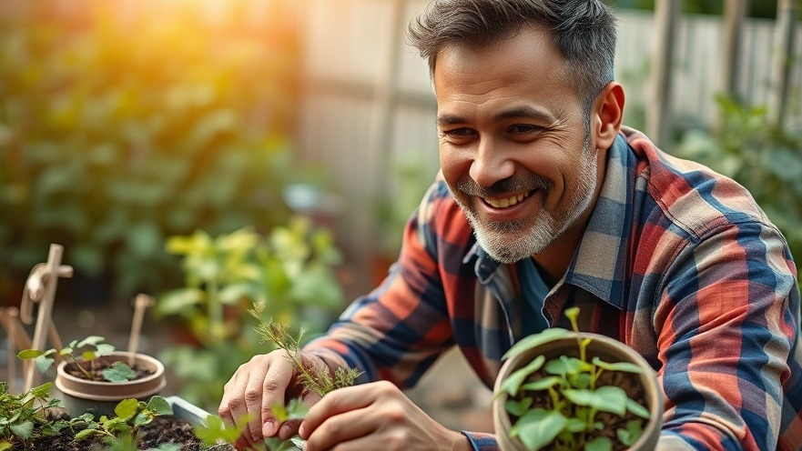 Smiling man cultivating small space gardening for self-sufficient living.