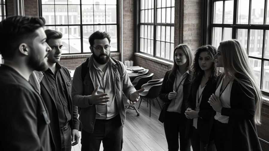 Purpose-driven team articulating mission in an industrial loft with urban views.