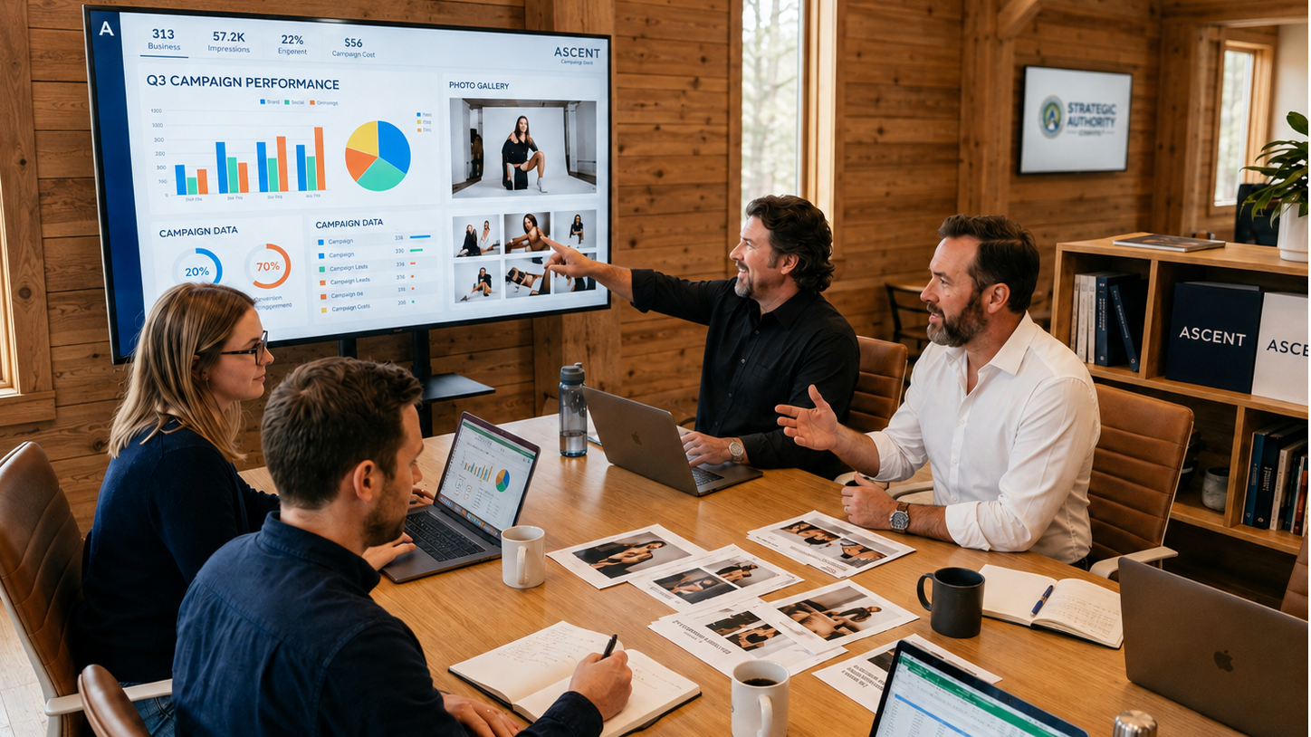 Strategic implementation process manager orchestrating delivery milestones in a photorealistic board room.