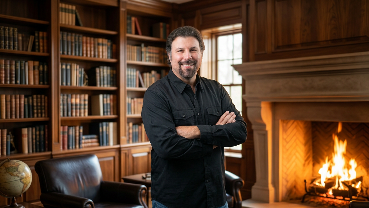respected authority icon, determined, posing for a portrait, photorealistic, library with ancient books and a fireplace, highly detailed, swirling dust particles and flickering flames, ultra-HD, sepia tone, warm lighting, shot with a 50mm camera lens.