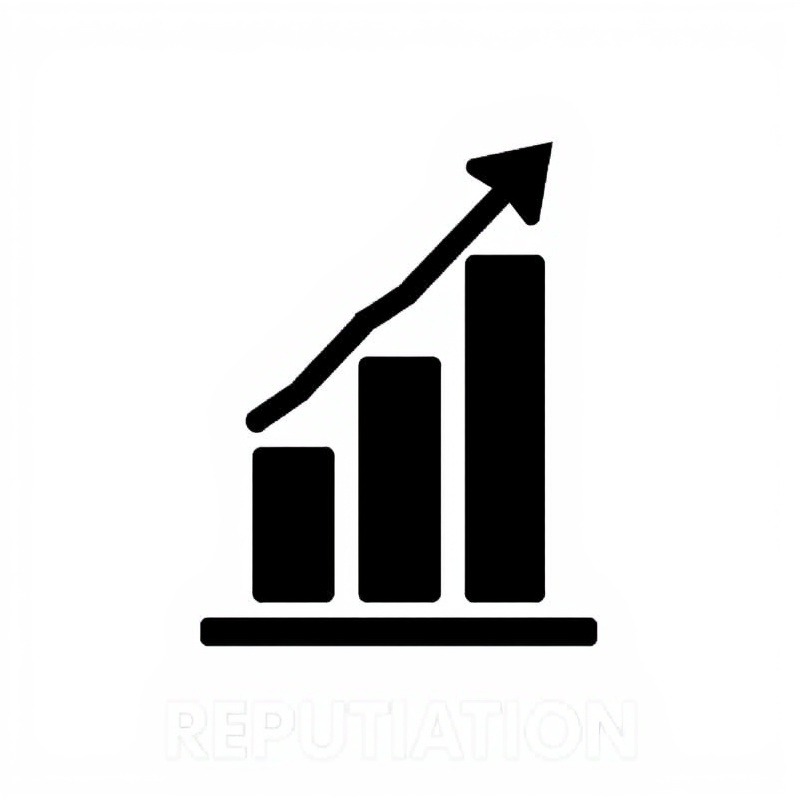 Black and white icon representing Reputation Domination with ascending bars and an upward arrow.