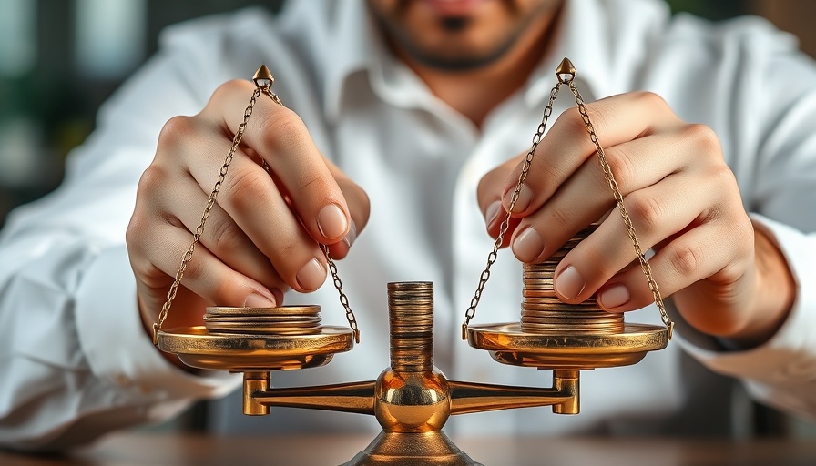 Focused businessman adjusting scales, illustrating equitable distribution.