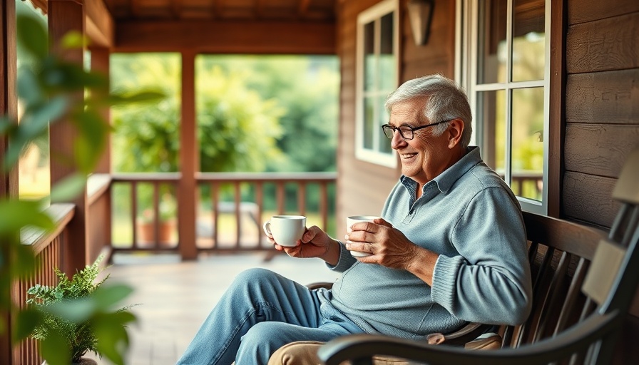 Mature couple enjoying coffee on porch, relaxed and happy, retirement benefits.