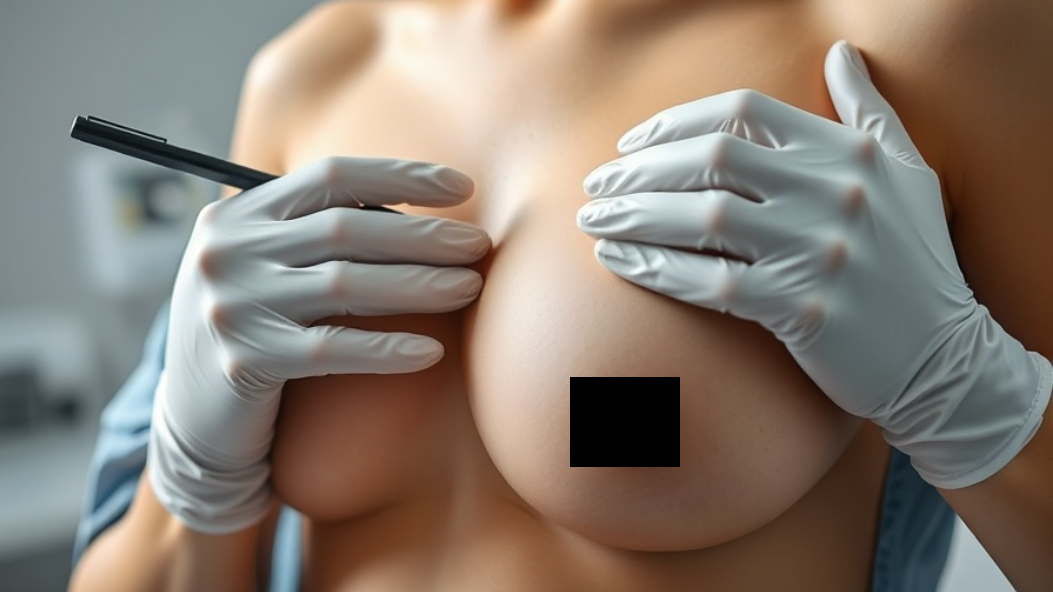 Breast Implant Revision Surgery examination, close-up of hands in gloves.