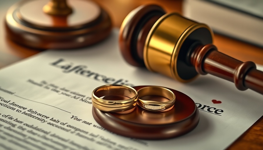 Wedding rings on divorce documents and gavel, family business divorce.