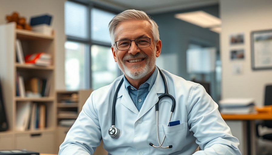 Middle-aged man in office discussing grading skin treatments.