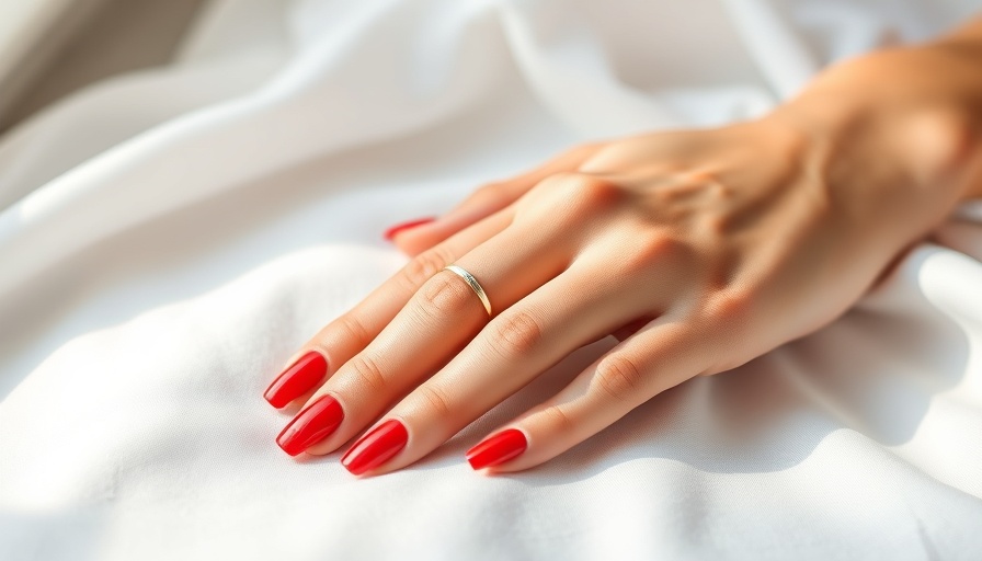 Elegant hand with red bridal nail polish resting on white fabric