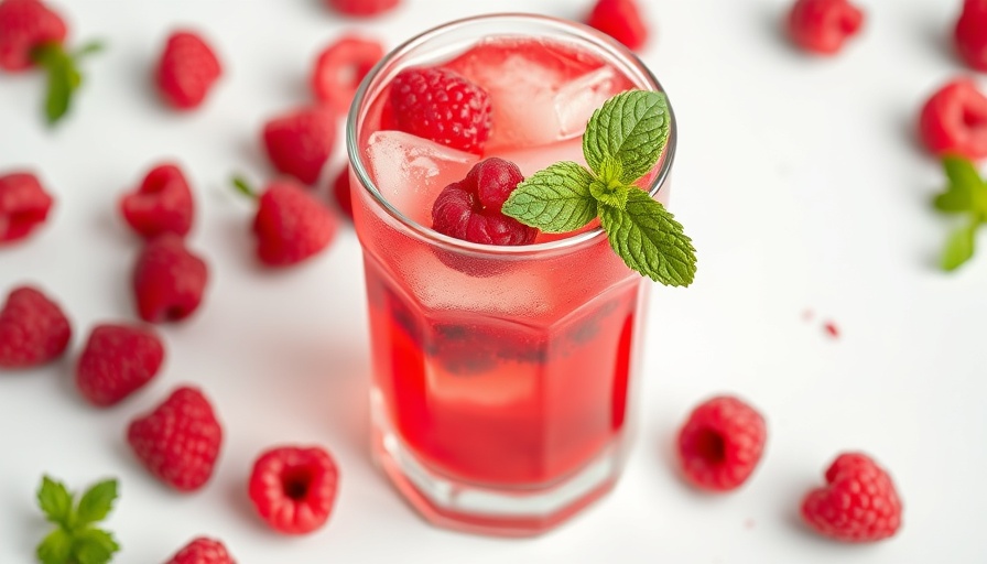 Refreshing raspberry drink with mint on a white background.