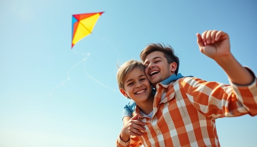 Joyful father and son flying kite outdoors in Illinois.