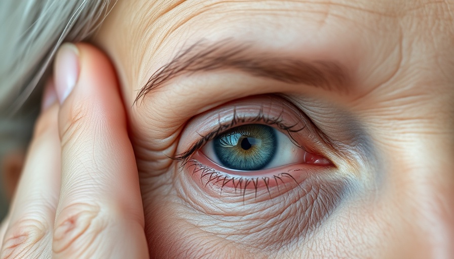 Close-up of mature woman's eye and hand showing natural skin texture.