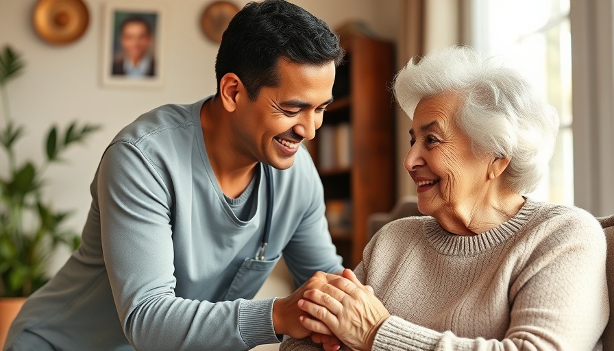 Hispanic caregiver support scene with elderly assistance.