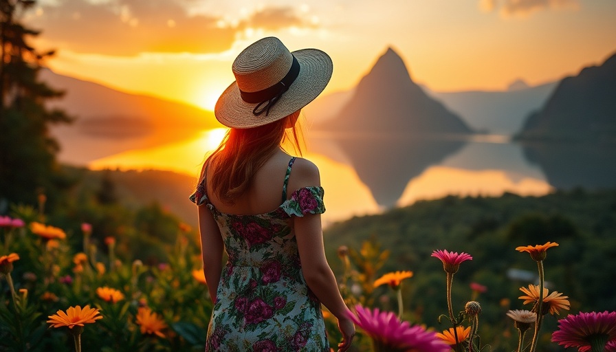 Serene woman by water with sunset mountain view, plastic surgery Denver.