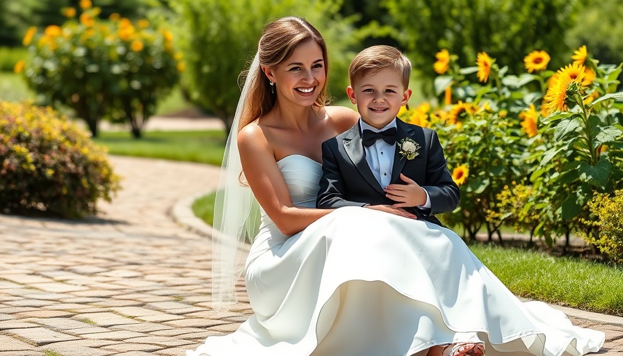 Mother in wedding dress smiling with son in garden, sunny day.