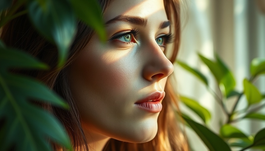 Close-up of a woman with radiant skin surrounded by leaves, K-Beauty Brand Anua Products style.