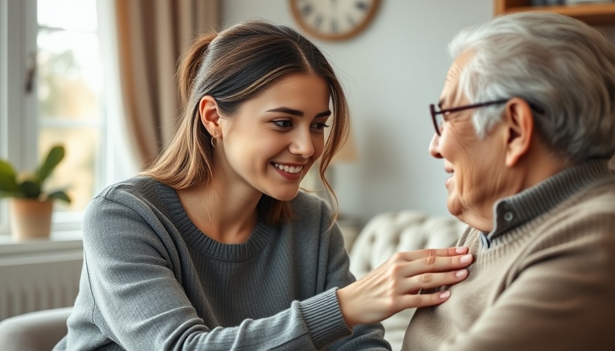 Compassionate caregiver aiding elderly individual in a cozy home setting.