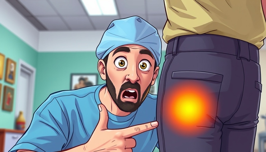 Surprised man reacting to extreme cosmetic surgeries in vibrant scene.