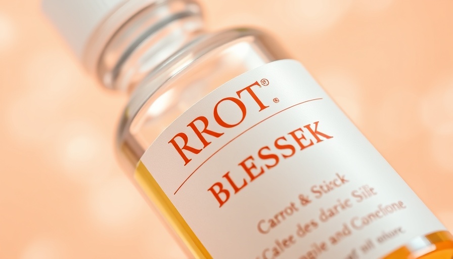 Close-up of 'Carrot & Stick Face Oil' bottle against sparkling background