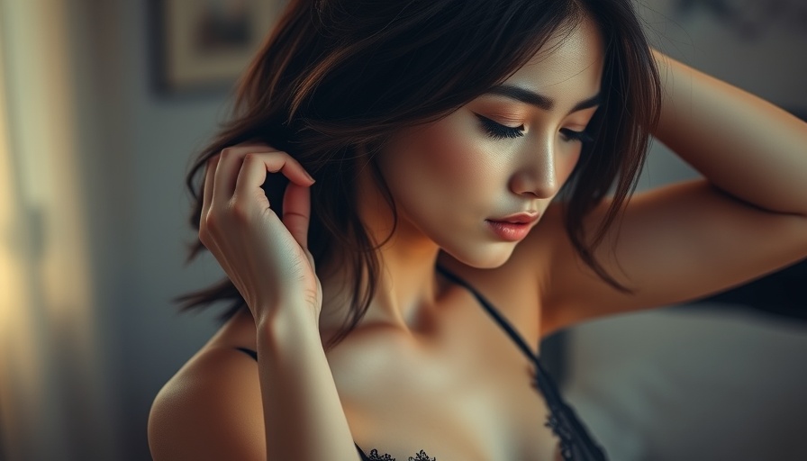 Young woman adjusting hair in black lace lingerie, highlighting breast implant safety and care, indoor warm ambiance.