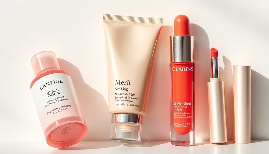 Elegant skincare-meets-makeup hybrid products displayed creatively.