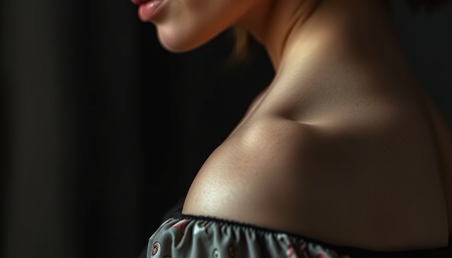 Close-up of woman's shoulder and neckline in floral blouse, soft light.