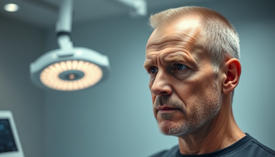 Middle-aged man considering hair transplant technology in a modern clinic.
