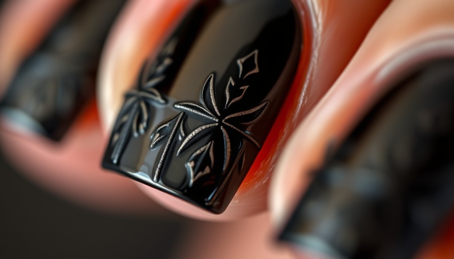 Glossy black tabi nail art close-up, intricate design.