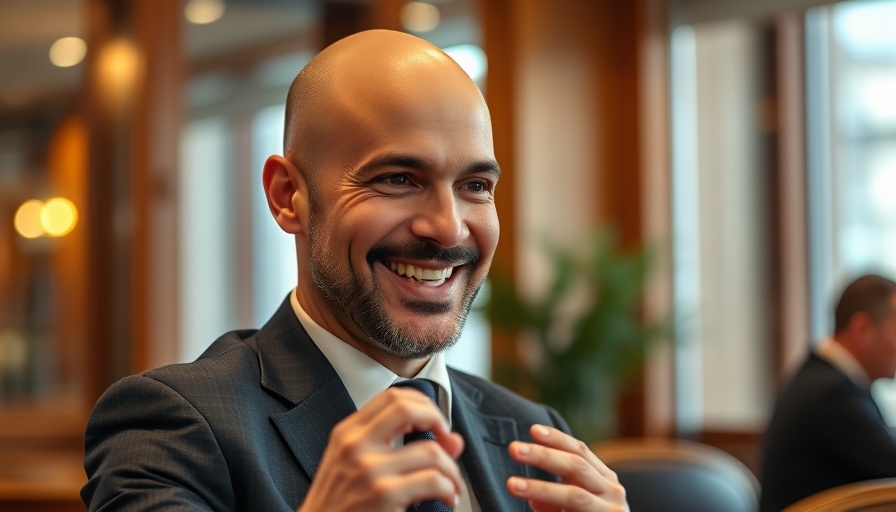 Smiling man discussing beard hair transplant in warm indoor setting.