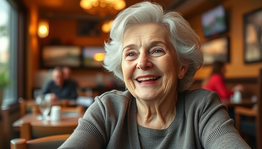 Cheerful elderly woman smiling in warm lighting, 80th birthday celebration.