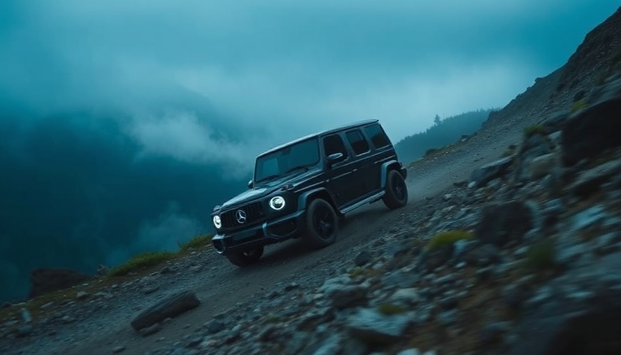 Electric G-Class SUV on misty mountain road, cinematic view.