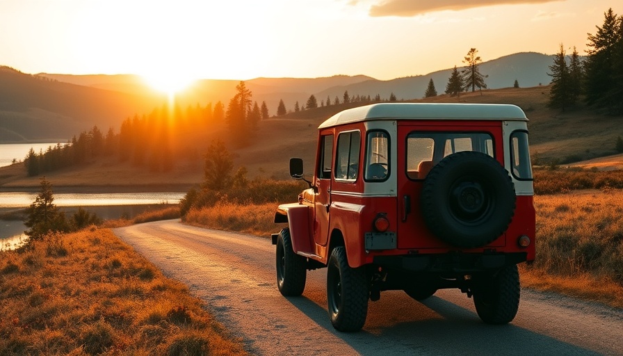 Vintage off-road vehicle on countryside road at sunset with lake view.