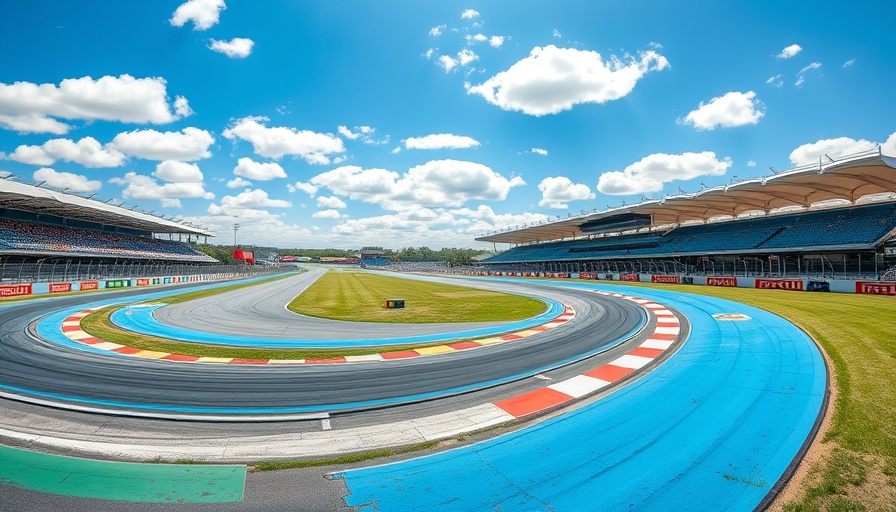 Modern racing circuit with curved track and Pirelli banners.