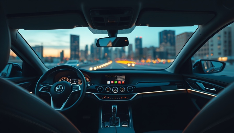 Car finance concept with sleek car interior, city view.