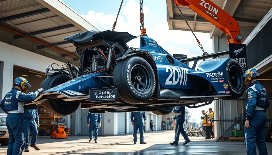 Wrecked race car being towed after crash with crew nearby