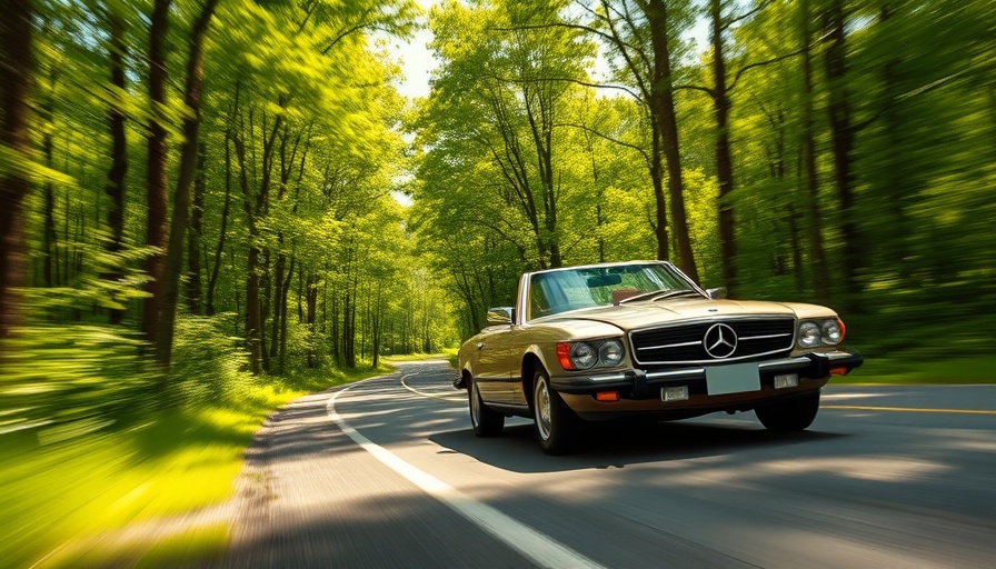 Mercedes SL R107 AMG V8 speeding on a forest road.
