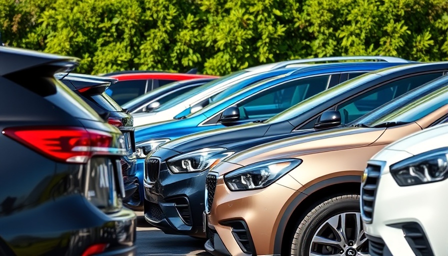 Motors Market Check tool concept with a lineup of various car models in a dealership.