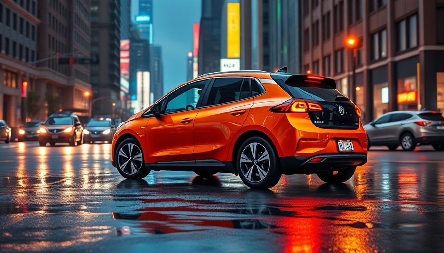 Xpeng electric vehicle with city backdrop at night.