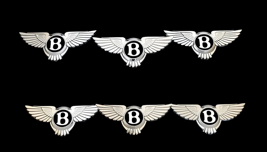 Five Bentley emblems with different wing designs on black background.