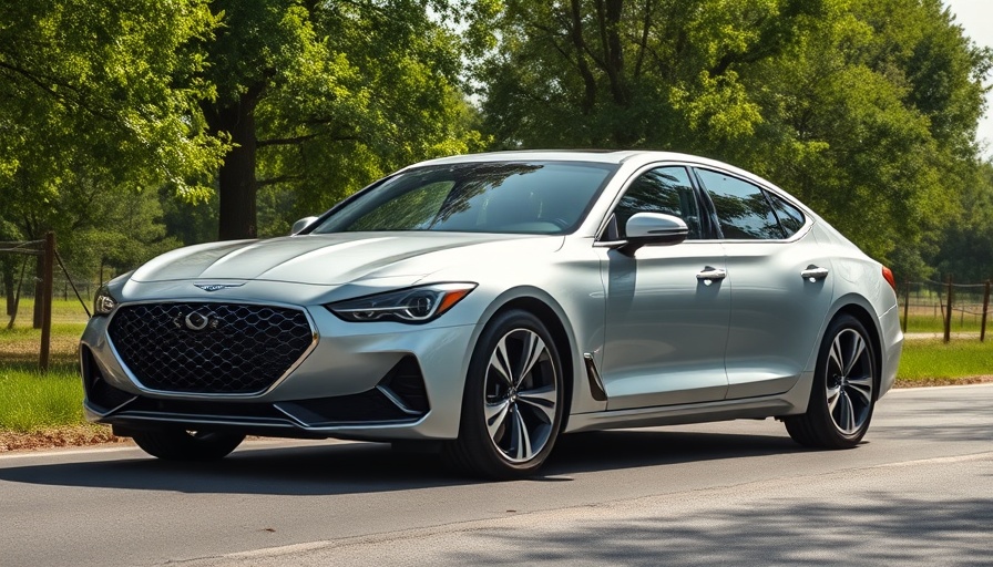 Genesis Electrified G80 in dynamic review setting on a scenic road.